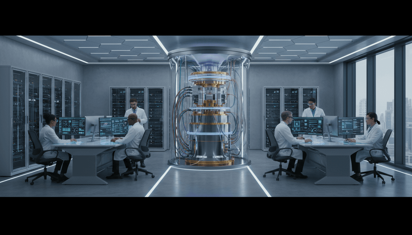 Advanced quantum technology laboratory with sleek workstations and professional technical team